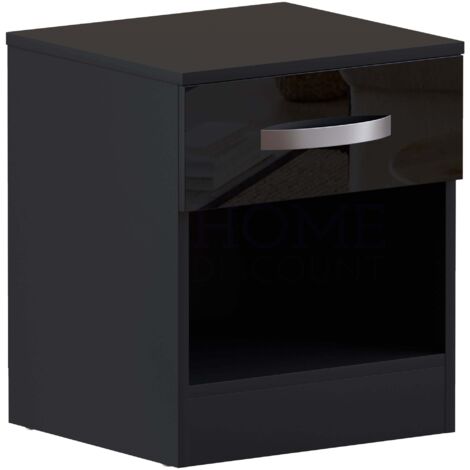 Hulio Nachttisch mit 1 Schublade, Hochglanz, Nachtschrank, Schlafzimmermöbel, Schwarz
