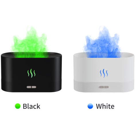 Humidificador con simulación de llama, 7 luces LED, conexión USB, bajo nivel de ruido, apagado automático, blanco/negro, 180 ml, ABS/PP