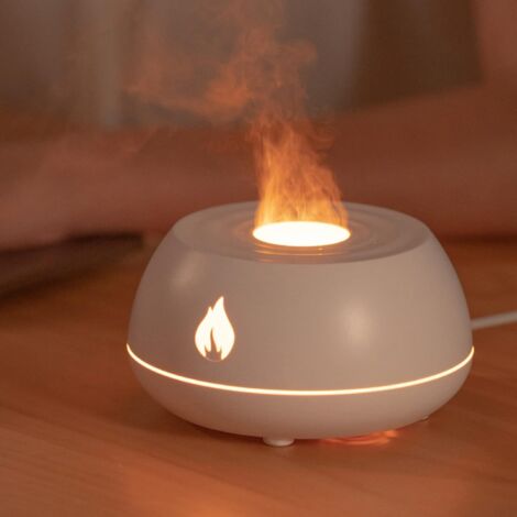 Humidificador difusor de aceites esenciales con aroma a llama, 7 colores de llama, para el hogar, el dormitorio, el yoga, la oficina, con protección de apagado automático sin agua (blanco)