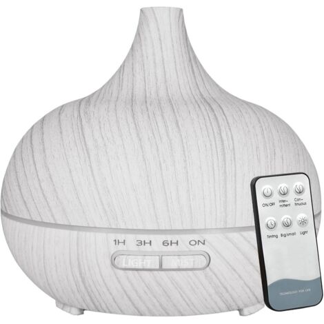 Humidificador, difusor de aromaterapia de 550 ml con mando a distancia, apagado automático, acabado en madera blanca.