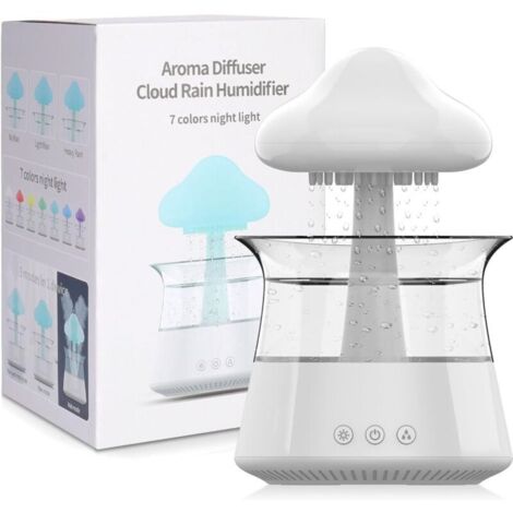 Humidificateur Cloud Rain pour chambre à coucher avec sons de pluie apaisants - Aide au sommeil, veilleuse cascade, humidificateur d'air en forme de champignon pour chambre et salon (blanc)