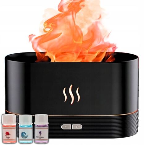 Humidificateur d'air, lampe de nuit, effet flamme + 3 huiles parfumées