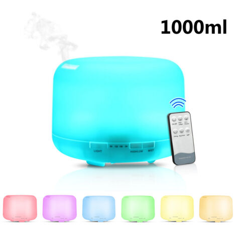 Humidificateur d'air ultrasonique 1000 ml avec télécommande, diffuseur d'huiles essentielles et veilleuse LED 7 couleurs Idéal pour la maison, le bureau, le spa, le yoga et la détente