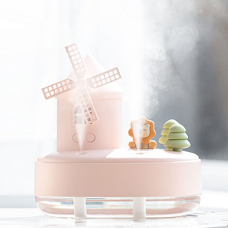 Humidificateur Musical avec Lampe Nuit Douce Double Jets Sans Fil Petit Bureau Dormoir Rose Windmill Modèle 19cm 2000mAh