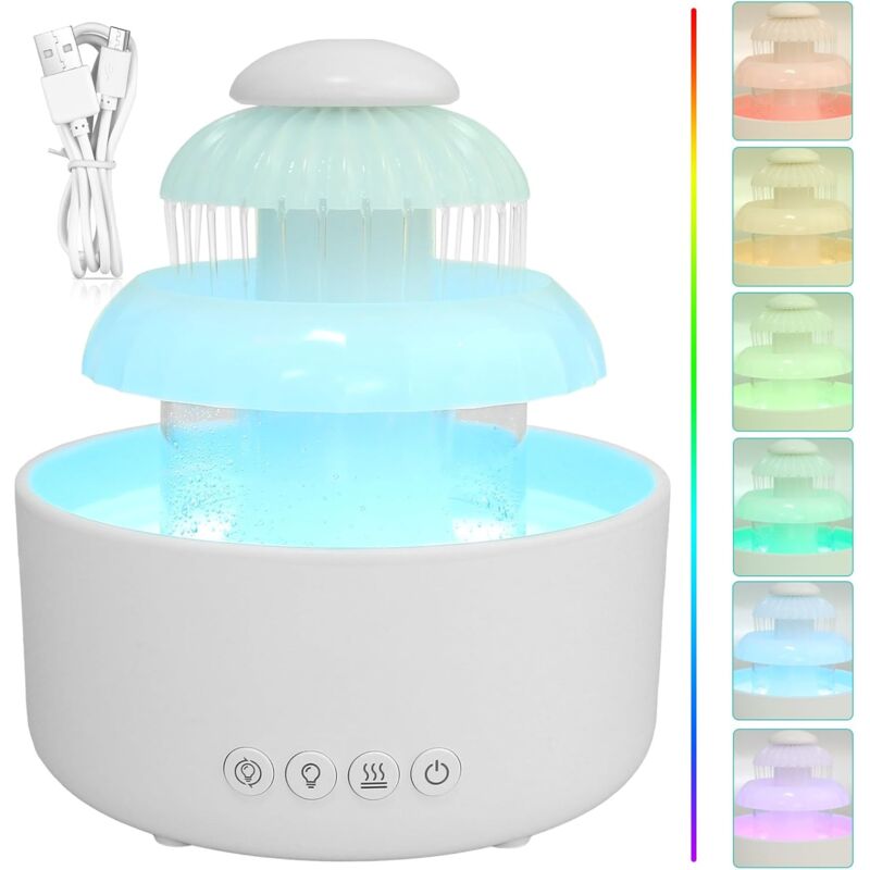 Humidificateur Nuage Pluie 600ML - Diffuseur Goutte avec 7 Lumières Couleur et Arrêt Automatique - Pour Famille, Bureau, Sommeil, Relaxation