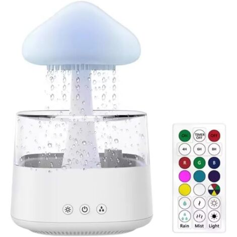 Humidificateur Rain Cloud, diffuseur d'huiles essentielles, veilleuse champignon 7 couleurs, fontaine de table, tube goutte-à-goutte audio (blanc + télécommande)
