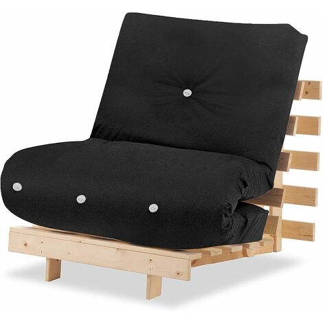 Humza Amani Luxury Natural Pine Wood Metro Futon Sofa Bed Frame and Mattress Set, 1 Seater Small Single [77cm x 196cm] - Black