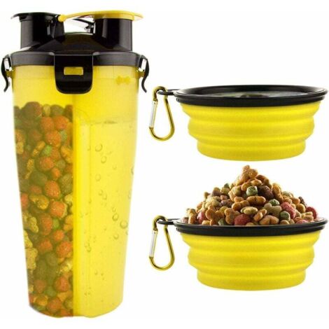 Hunde-Wasserflasche mit 2 zusammenklappbaren Näpfen, tragbare 2-in-1-Wasserflasche und Futter (gelb)