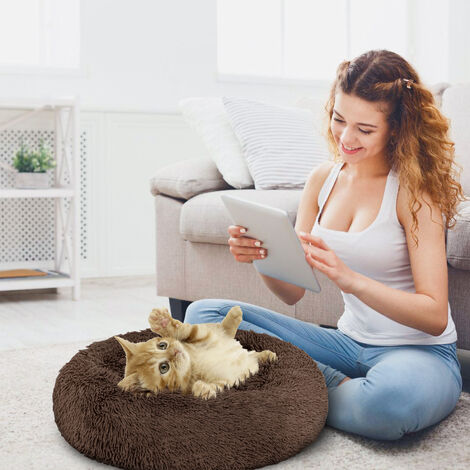 Hundebett Kuschelbett LUXUS Schlafplatz Hundekissen Plüsch Katzenbett braun 60cm - braun