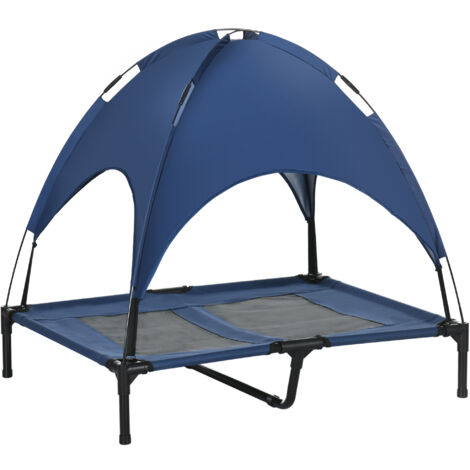 Hundebett mit Baldachin, Outdoor-Hundebett, klappbar, erhöhter Stand, Blau + Schwarz
