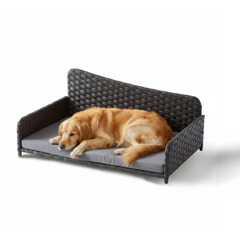 Relaxdays Hundebett Rattan, Xl, Hbt, 38x87x49 Cm, Erhöhtes Hundeliege Mit Kissen, Hundesofa, Outdoor & Indoor, Grau