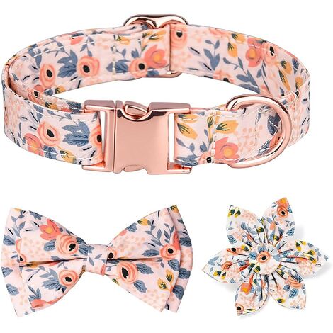 Hundehalsband mit abnehmbarer Schmetterlingsschleife und graviertem Blumenmuster, Hundehalsband mit roségoldener Schnalle, mittelgroße und große Hunde in 3 verschiedenen Stilen(M, Orange)