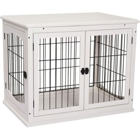 Hundehütte Hundehaus Transportbox Kleintierkäfig für Innen 81 x 58,5 x 66 cm aus MDF & Metall in Weiß, ideal für Haustiere