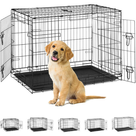 main image of "Hundekäfig für zuhause, Büro, Auto Hundebox faltbar, Stahl Gitterbox mit Wanne, Kennel 67,5x92x60,5cm, schwarz"