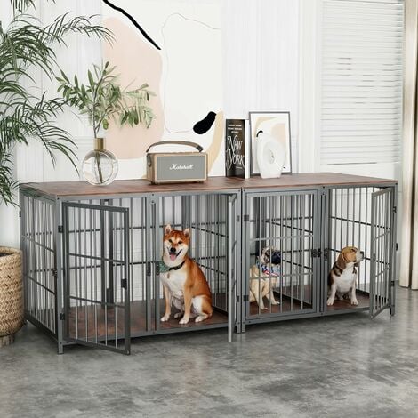 Hundekäfig Schrank Holz Indoor 2 in 1 Hundebox im Möbelstil mit Abnehmbarer Trennwand und 4 Türen, Haustierkäfig für 2 kleine Hunde oder mittelgrosse Hunde L 90x62x68.5 cm Schwarz