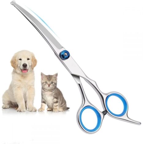Hundeschere, Hundeschere, Hundeschere mit Hundekamm, Hundeschere mit rundem Kopf (blaue gebogene Schere)