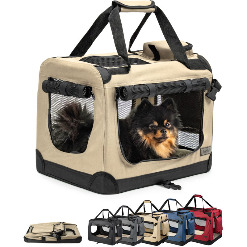 Lionto Hundetransportbox Faltbar, Stabile Stoffbox Mit Mesh-einsätzen, Ideal Für Auto, Reise & Tierarzt, 50x34x36 Cm, Beige