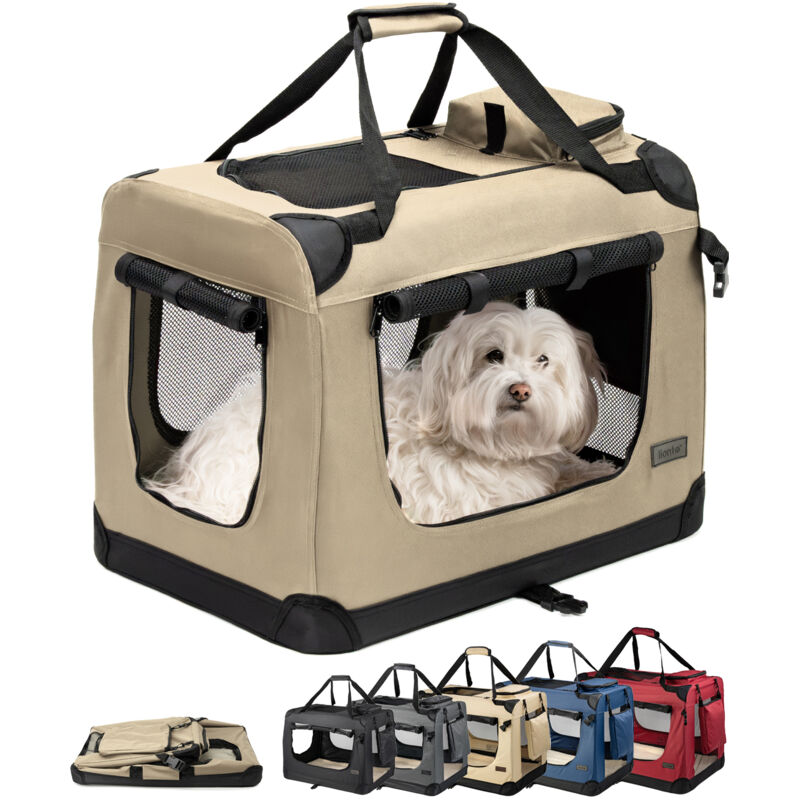 Lionto Hundetransportbox Faltbar, Stabile Stoffbox Mit Mesh-einsätzen, Ideal Für Auto, Reise & Tierarzt, 60x42x44 Cm, Beige