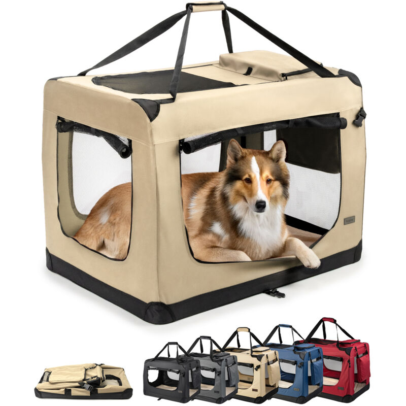 Lionto Hundetransportbox Faltbar, Stabile Stoffbox Mit Mesh-einsätzen, Ideal Für Auto, Reise & Tierarzt, 90x61x65 Cm, Beige