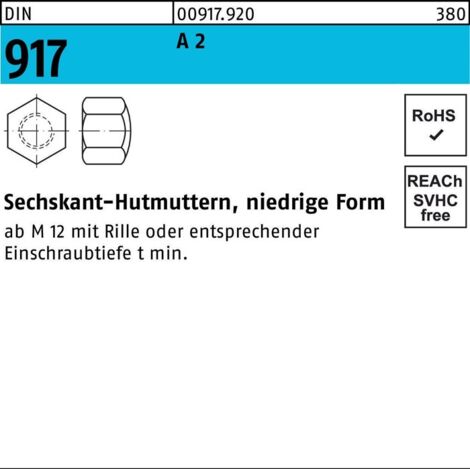 Hutmutter DIN 917 M 10 x 1,5 Edelstahl A2 blank 250 Stk