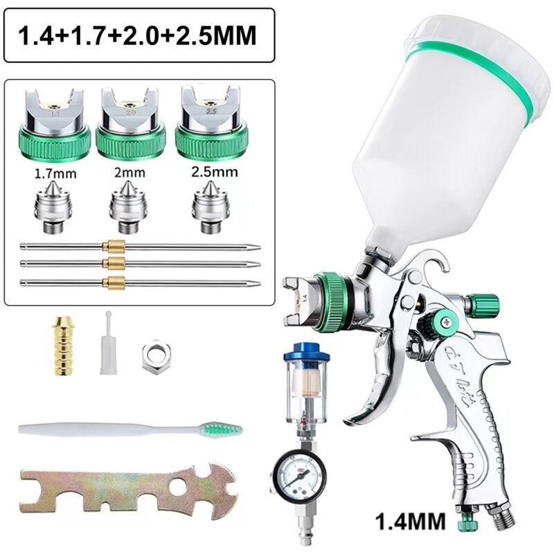 HVLP Kit pistolet à peinture professionnel avec 3 buses – 1,4 mm, 1,7 mm, 2,0 mm, pistolet à peinture professionnel à air comprimé avec gobelet en