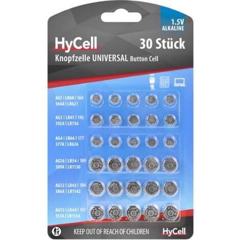 HYCELL GMBH HyCell Alkaline Knopfzellen Set AG1, AG3, AG4, AG10, AG12, AG13, 30 Stück