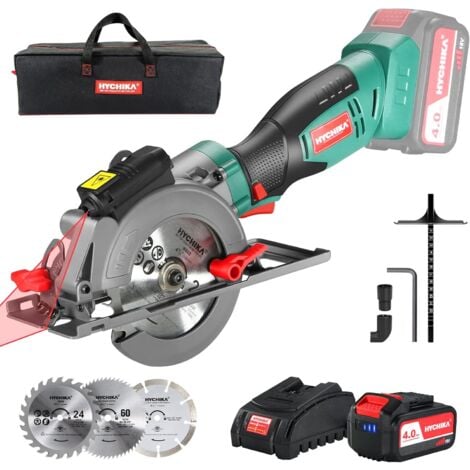 HYCHIKA Handkreissäge 18 V, Kreissäge mit 4,0 Ah Akku 3500U mit 3 Sägeblättern (115 & 125 mm), Laserführung & Führungsschiene, maximale Schnitttiefe 48 mm (90°)/32 mm (45°), Mini-Kreissäge