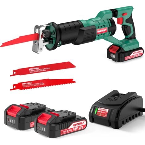 HYCHIKA Scie Sabre sans fil 18V, Vitesses Réglables 0-2800SPM, 2 Lames, Chargeur Rapide, Lumière LED, Idéal pour Coupe de Bois, Branches, Métal (Avec 2 batteries 2Ah)