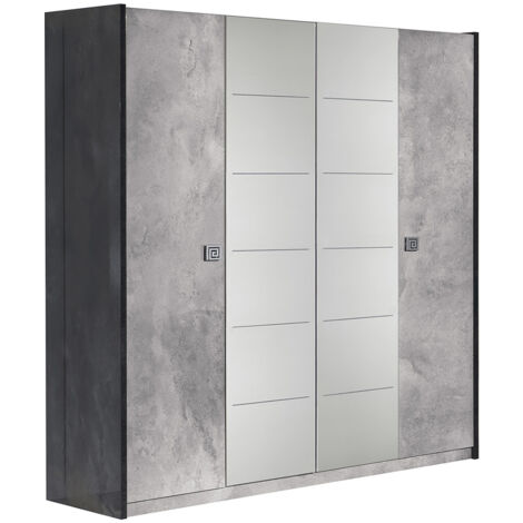 HYDE - Armoire 4 Portes avec Miroir Gris Effet Pierre