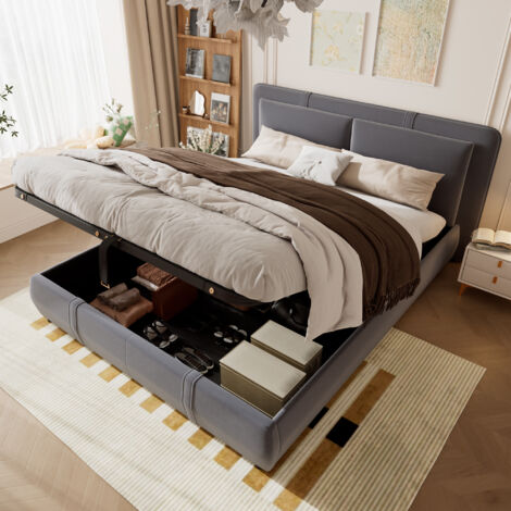Hydraulic Storage Bed, 4ft6 Double Velvet Upholstered Bedframe, Removable Headboard & Sturdy Plywood Base, Easy Assembly, Grey