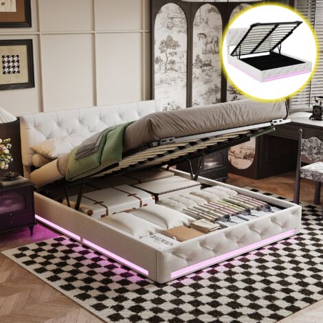 Hydraulikbett 160x200 cm – Doppelbett mit LED-Licht – Übergroße Aufbewahrungsbox – Leinen – Weiß