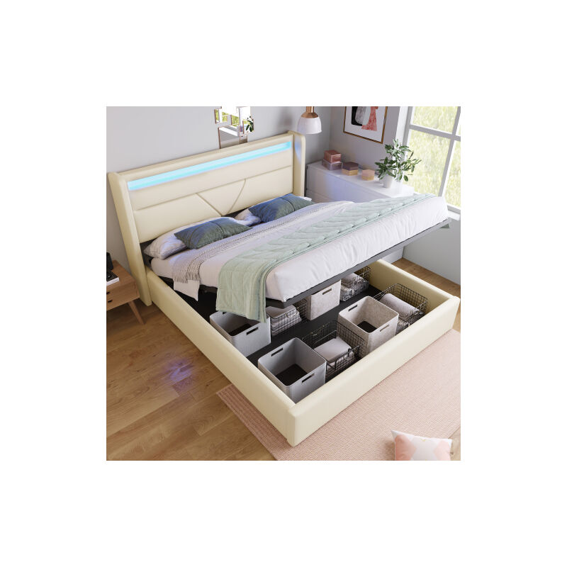 Hydraulique Lit de rangement avec barre d'éclairage LED, Lit double Cadre de lit Lit capitonné 140x200cm, Lit fonctionnel, Blanc (Avec télécommande)