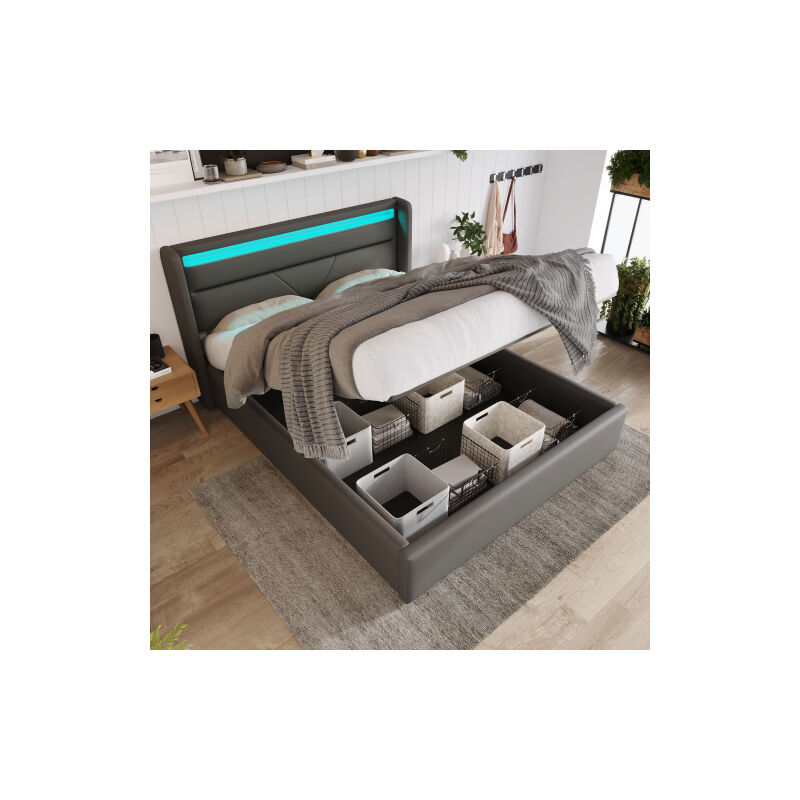 Hydraulique Lit de rangement avec barre d'éclairage LED, Lit double Cadre de lit Lit rembourré 160x200cm, Lit fonctionnel, Gris (Avec télécommande)