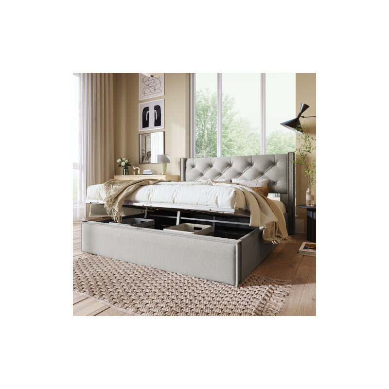 Hydraulique Lit double Lit rembourré 160x200cm,Lit avec sommier à lattes métalliques, Cadre de lit moderne avec espace de rangement, Coton, Gris clair