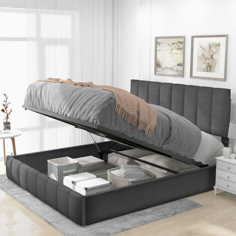 Hydraulisch Doppelbett Polsterbett 140x200cm,Verstellbares Kopfteil, Bett mit Lattenrost aus Metallrahmen, Leinenmaterial, Modernes Bettgestell mit Stauraum, Groer Stauraum, Grau(Ohne Matratze)