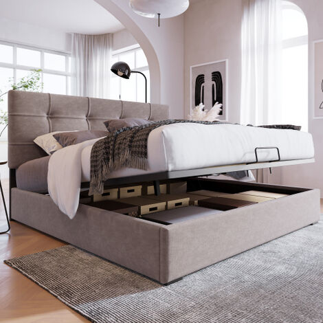 Hydraulisch gepolstertes Doppelbett 140 x 200 cm, verstellbares Kopfteil, Bett mit Metalllattenrost, Samt, modernes Untergestell mit Stauraum, hellgrau MINKUROW