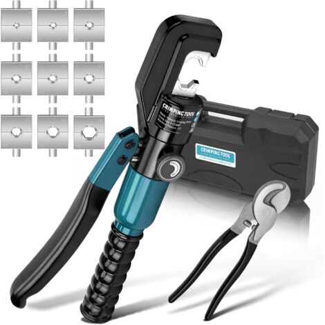 Hydraulische Crimpzange Presszange mit Kabelschere, 9 Sätzen der Crimpformen 4-70 mm² für Kabelarbeiten, Autoreparatur, Drahtgitter-Leitplanken Blau