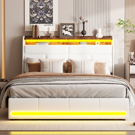 Hydraulisches Doppelbett, Polsterbett 160 x 200 cm, Bettrahmen mit Stauraum und LED, Kopfteilablage, bequeme Rückenlehne, weißes PU