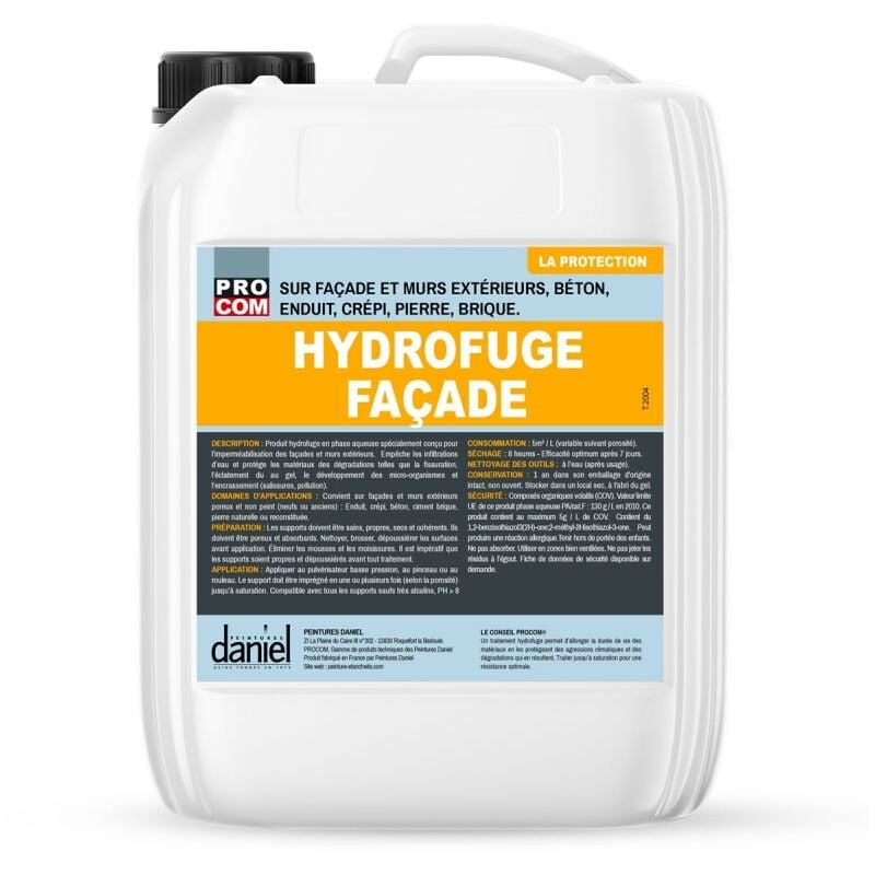 Procom - Hydrofuge façade incolore, imperméabilisant mur extérieur, pierre, enduit, crépi, ciment, béton, Defender Incolore 5 litres