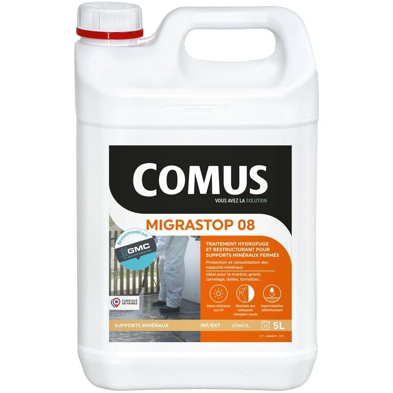 Hydrofuge Minéral migrastop® 08 - 5L - Traitement Hydrofuge reminéralisant et restructurant pour supports fermés Comus