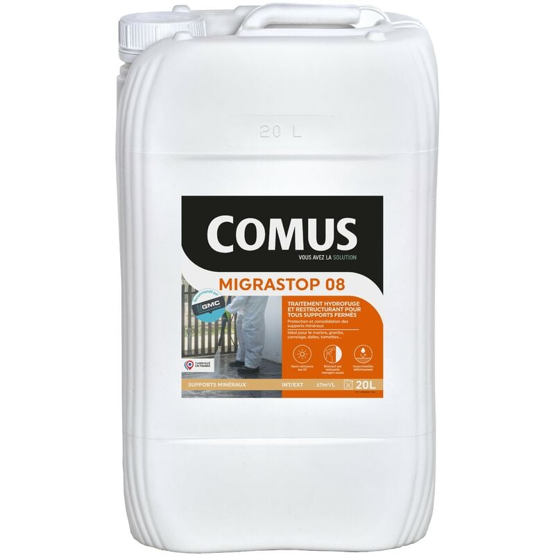 Hydrofuge Minéral migrastop® 08 - 20L- Traitement Hydrofuge reminéralisant et restructurant pour supports fermés Comus
