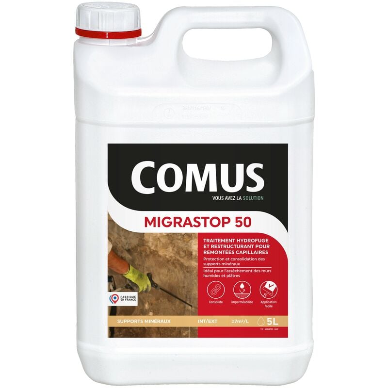 Hydrofuge Minéral migrastop® 50 - 5L - Traitement Hydrofuge pour remontées capillaires, murs humides, pierres calcaires Comus