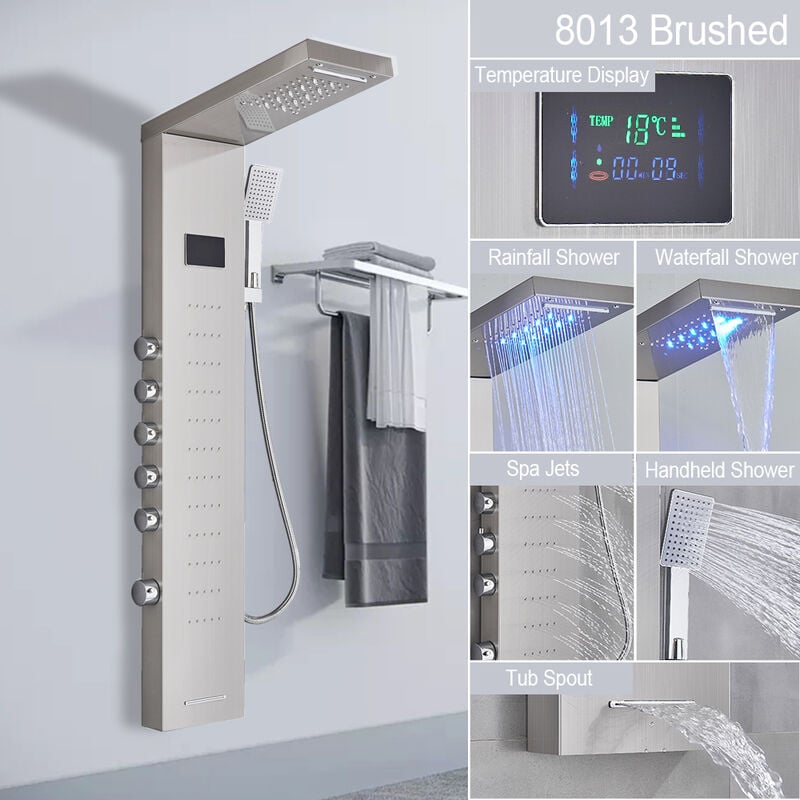 Hydromassage Shower Column LED Shower Panel with Massage Jet SPA Rain Shower Panel,8213 brushed