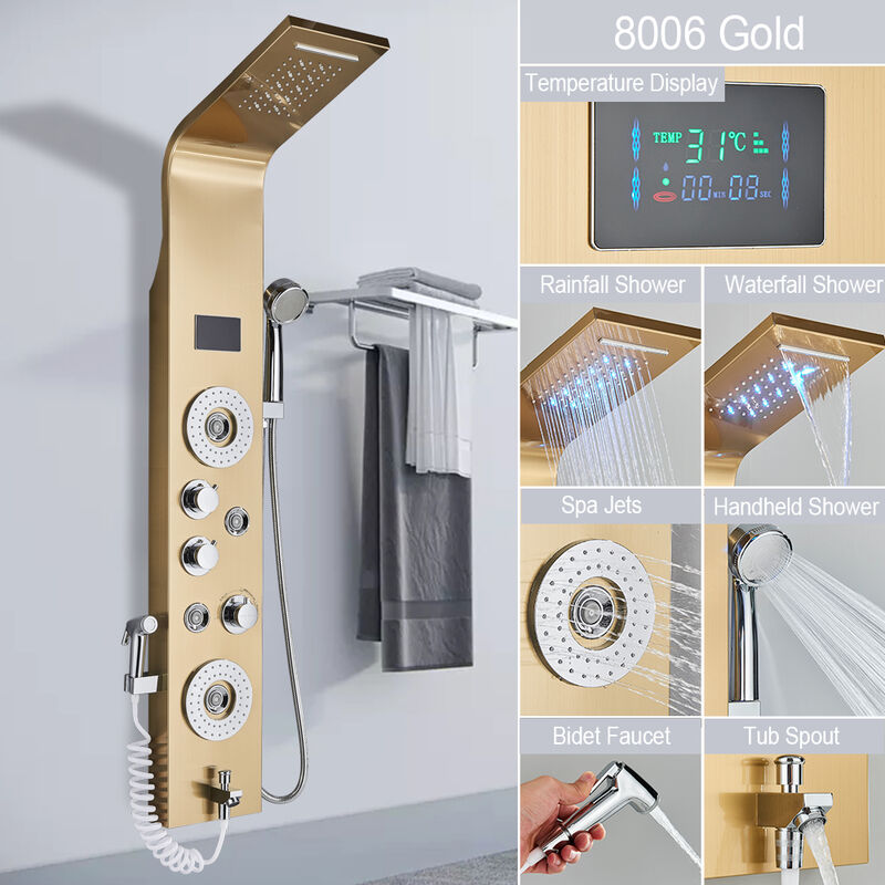 Hydromassage Shower Column led Shower Panel with Massage Jet spa Rain Shower Panel,8116 gold