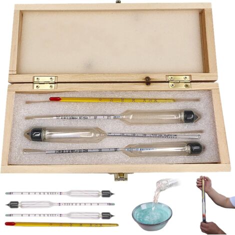 Hydromètre Kit de test du compteur d'alcool, 3pcs 0-100 Testeur d'alcool à l'épreuve, compteur d'alcool gradué précis avec thermomètre et boîte en bois pour vin, bière, cidre, épreuves, distillation