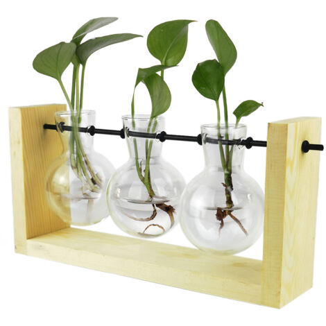 Hydroponisches Terrarium mit Holzständer für Pflanzen, Mini-Dekorationsvasen aus Glas (25×12×5,3 cm, Khakibronze, 3 Glühbirnen).