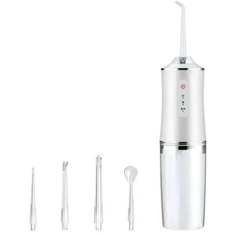 Hydropulseur buccal portable sans fil, jet dentaire rechargeable par USB avec 4 embouts pour le nettoyage de la langue et des gencives.