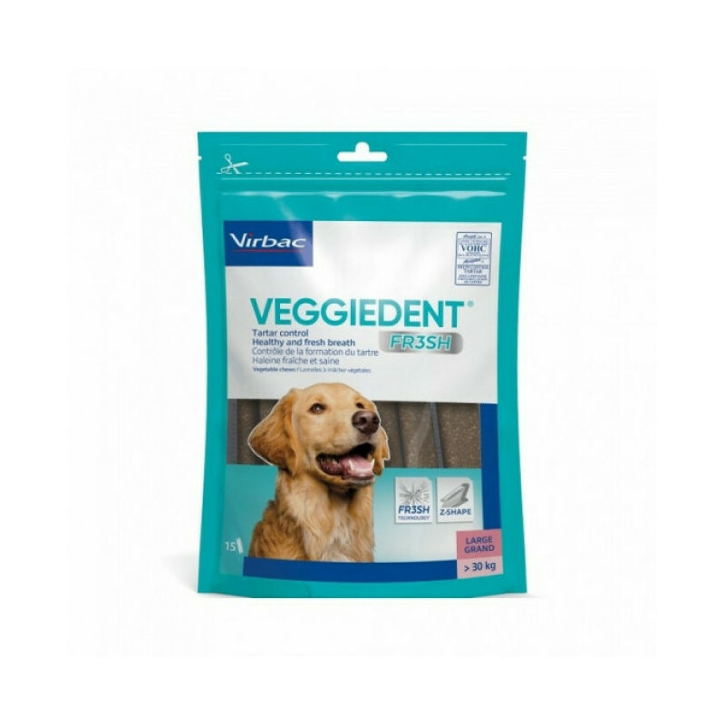 Lamelles dentaires anti-plaque VeggieDent Fresh Virbac Chiens >30 kg - L - 1 Sachet de 15 lamelles