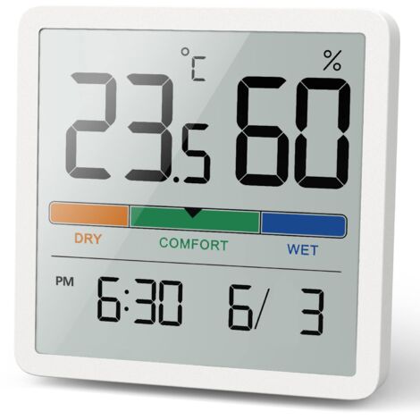 Hygrometer-Innenthermometer, digitales Desktop-Thermometer mit Temperatur- und Luftfeuchtigkeitsüberwachung, genaues Luftfeuchtigkeitsmessgerät, Raumthermometer mit Uhr (weiß)