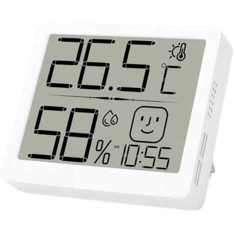 Hygromètre numérique thermo-hygromètre numérique pour intérieur avec réveil, thermomètre, moniteur d'humidité écran avec émoticônes enregistrement maximum/minimum et montage mural